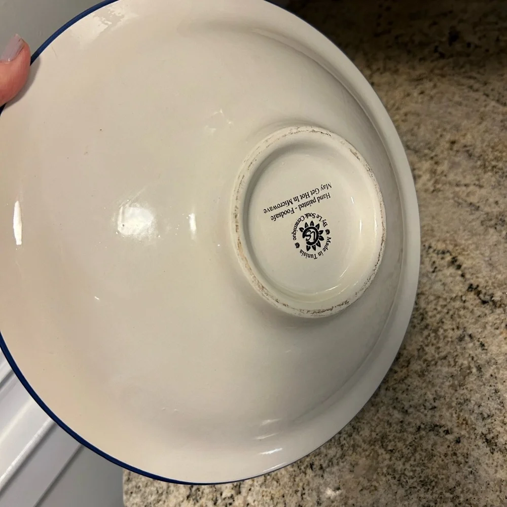 Le Souk Ceramique 12”Round serving Bowl, Made in Tunisia, White, Blue,